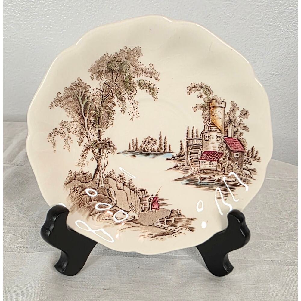 Vtg. Johnson Bros "The Old Mill" Deep Saucer 5 1/2" Cream Brown Made in England